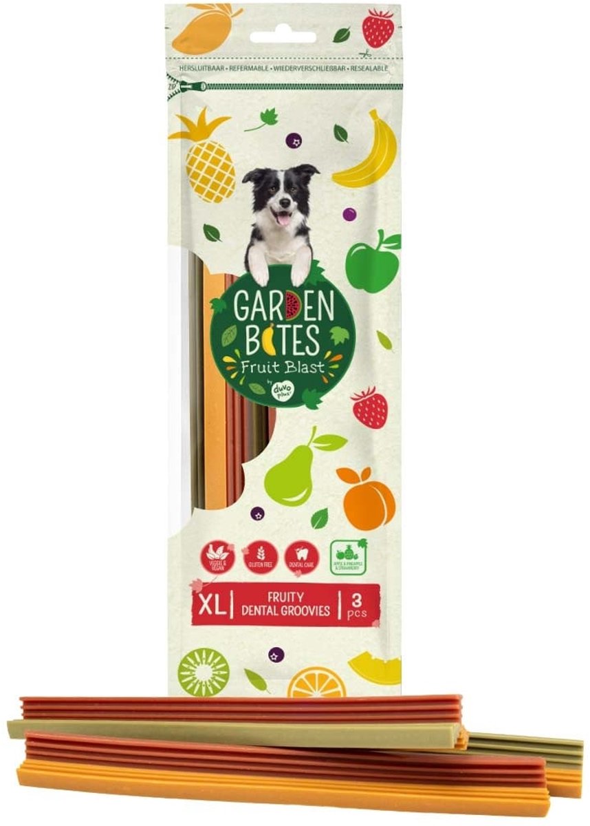 Duvo Plus garden bites - fruity dental groovies hondensnacks - hondensnoepjes - vegetarisch glutenvrij - extra large 3st