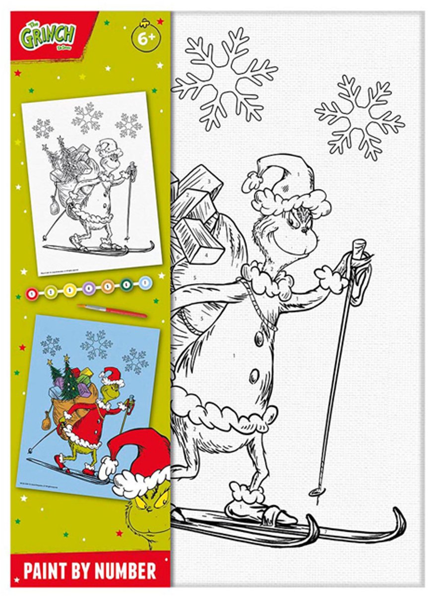 Totum The grinch - canvas schilderen op nummer the grinch - a4 formaat schilderijtje maken - knutselset jongens en meisjes vanaf 6 jaar incl. versftrip en penseeltje - cadeau tip