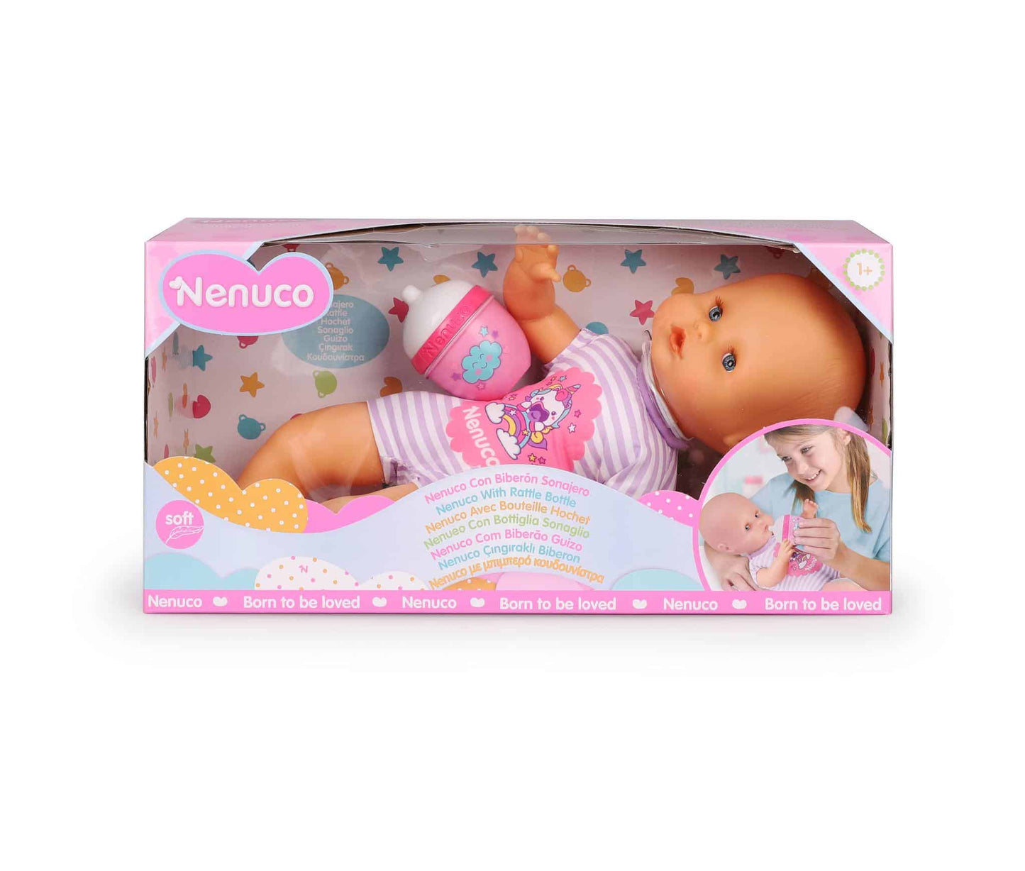 Famosa Nenuco babypop met zacht lijfje paars ongeveer 32 cm groot