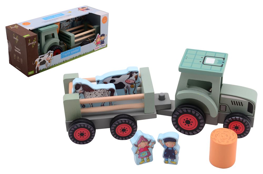 Jouéco Johntoy houten tractor boerderij speelgoed met accessoires fien teun.