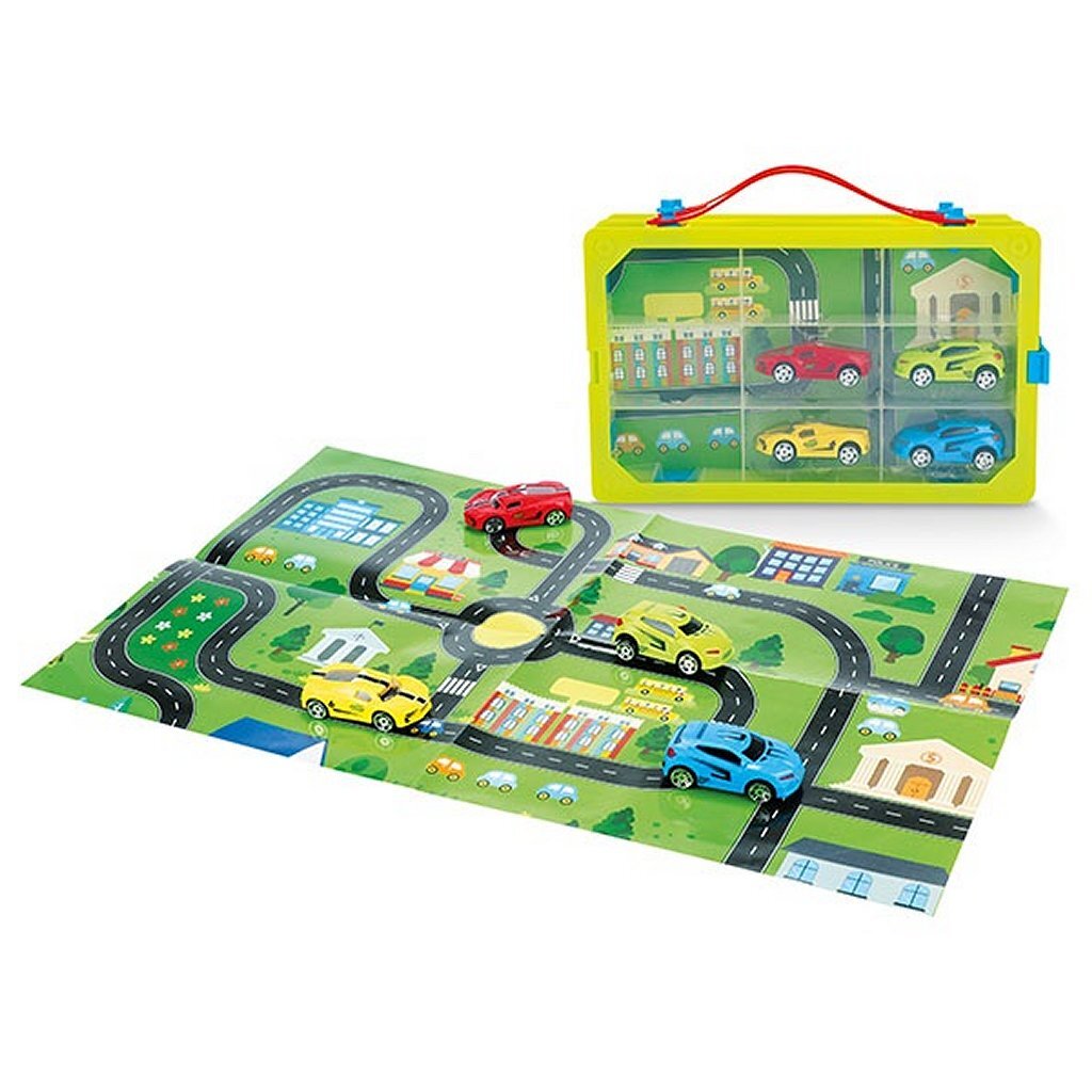 Toi-Toys Turbo racers verzamelkoffer met auto's en speelkleed, 6dlg.