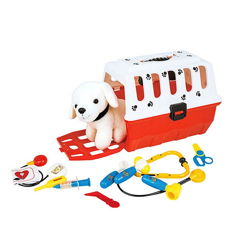 Toi-Toys puppy in reismand + dierenarts accessoires