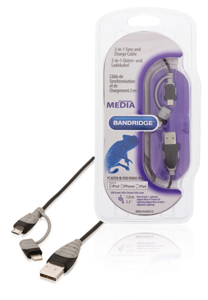 Bandridge bbm39400b10 2-in-1 data en oplaadkabel usb micro-b male + lightningadapter - a male 1.00 m zwart