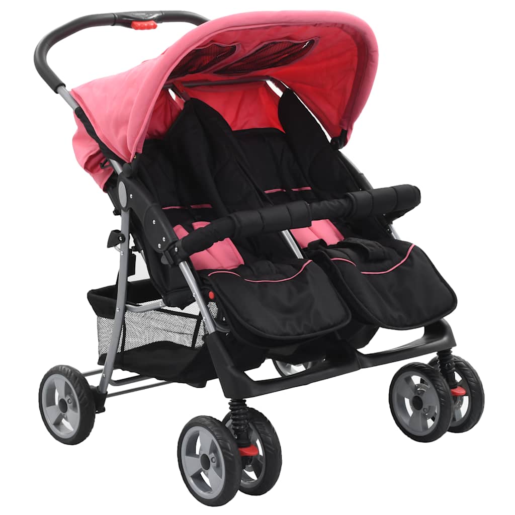 VidaXL Tweelingkinderwagen staal roze en zwart