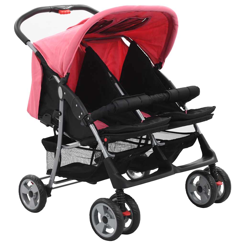 VidaXL Tweelingkinderwagen staal roze en zwart