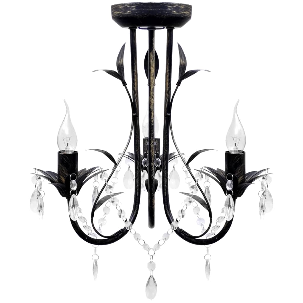 VidaXL Kroonluchter art nouveau metaal kristallen kralen 3 gloeilampen zwart