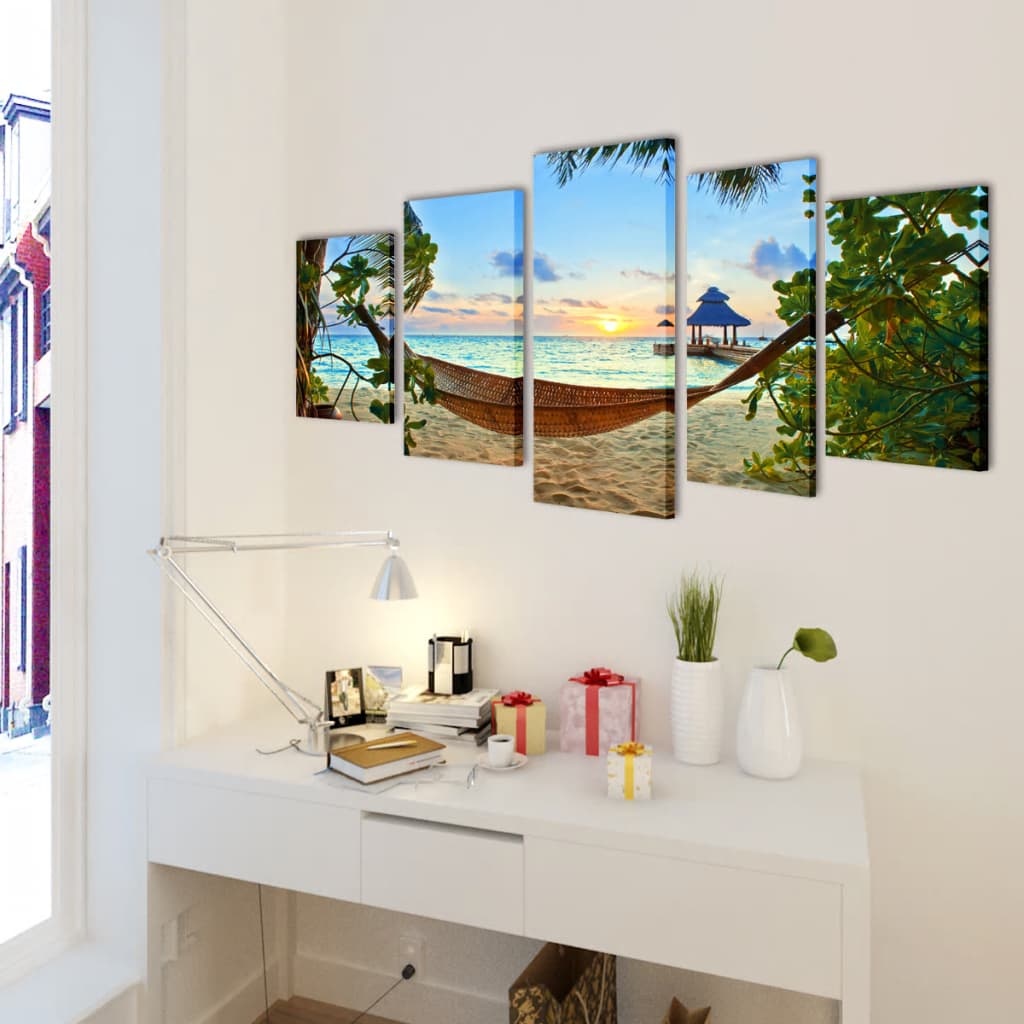 VidaXL Canvas muurdruk set zandstrand met hangmat 100 x 50 cm