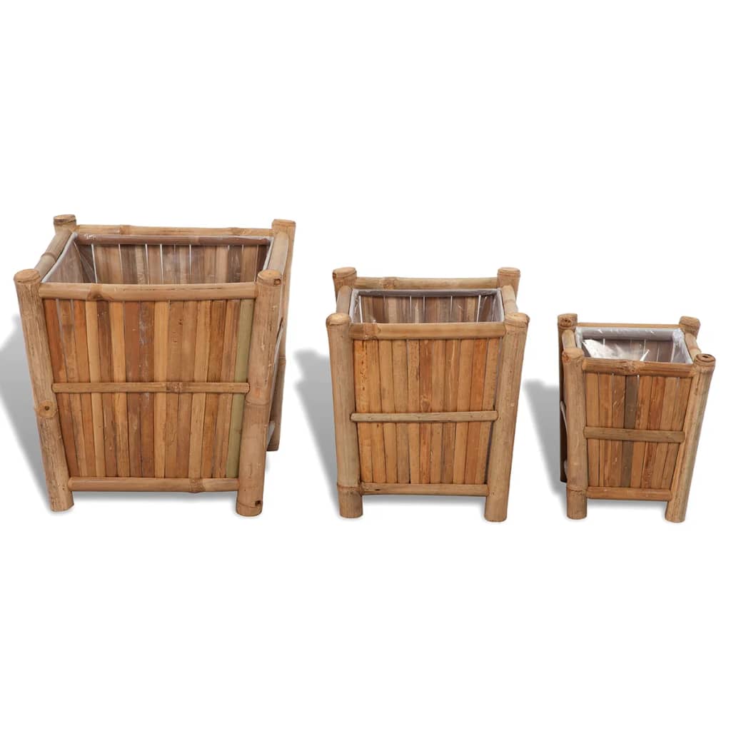 VidaXL 3 st plantenbakken verhoogd bamboe met nylon voering