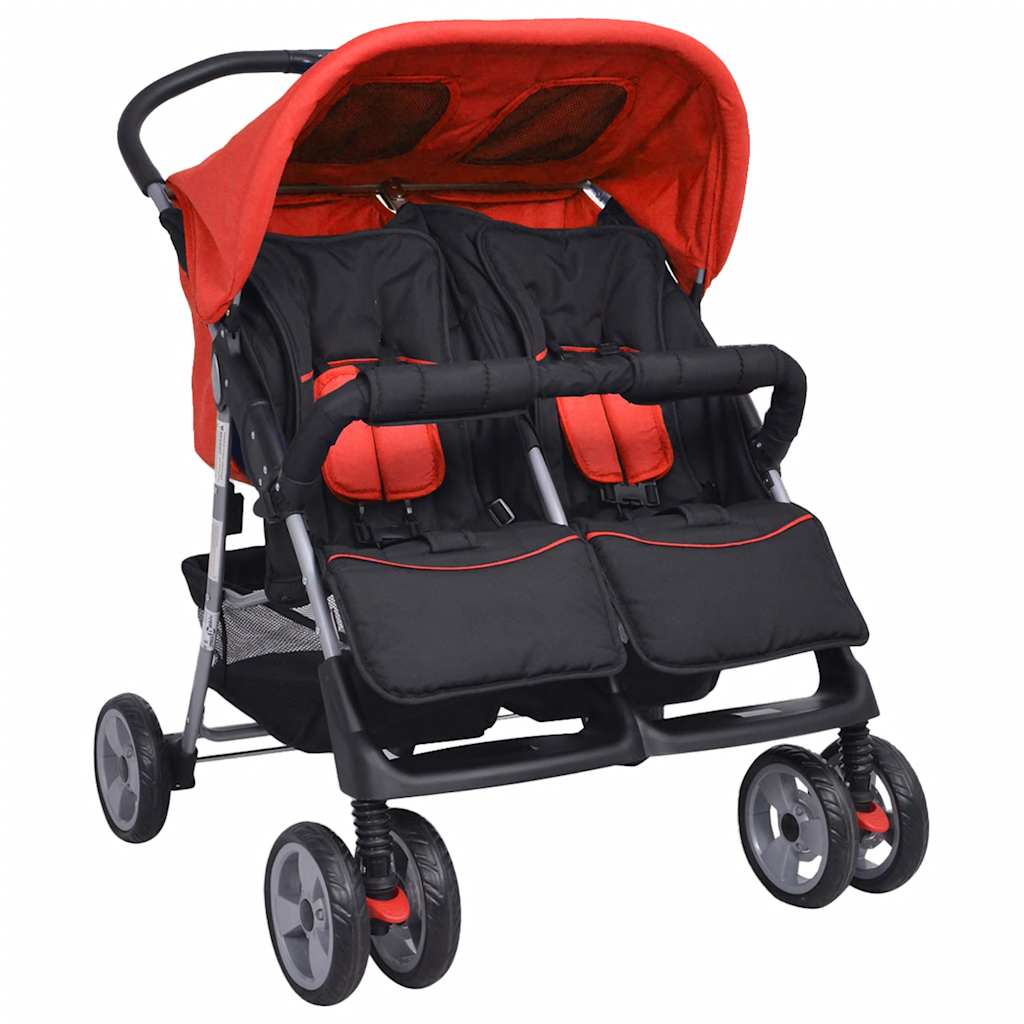 VidaXL Tweelingwagen staal rood en zwart