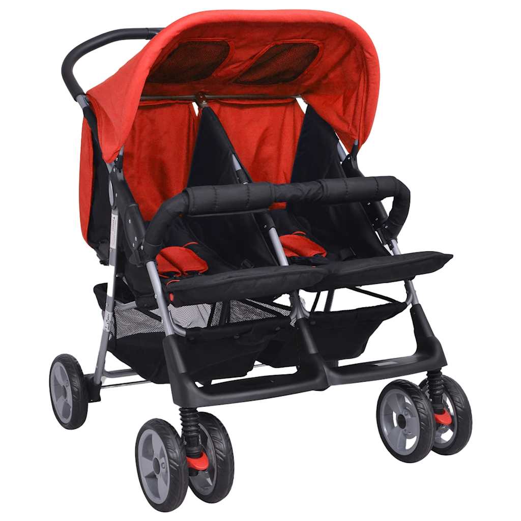 VidaXL Tweelingwagen staal rood en zwart