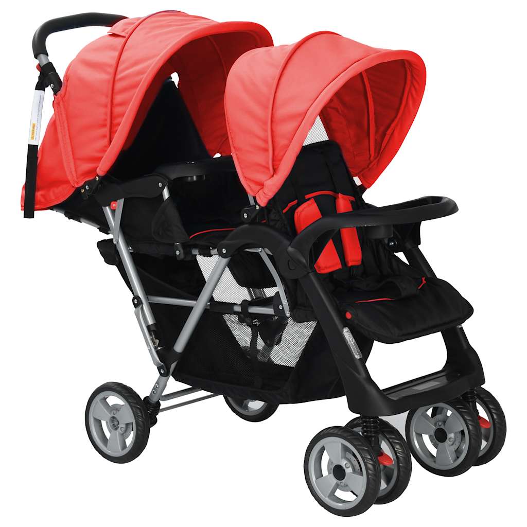 VidaXL Kinderwagen dubbel staal rood en zwart
