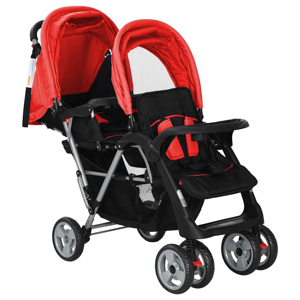 VidaXL Kinderwagen dubbel staal rood en zwart