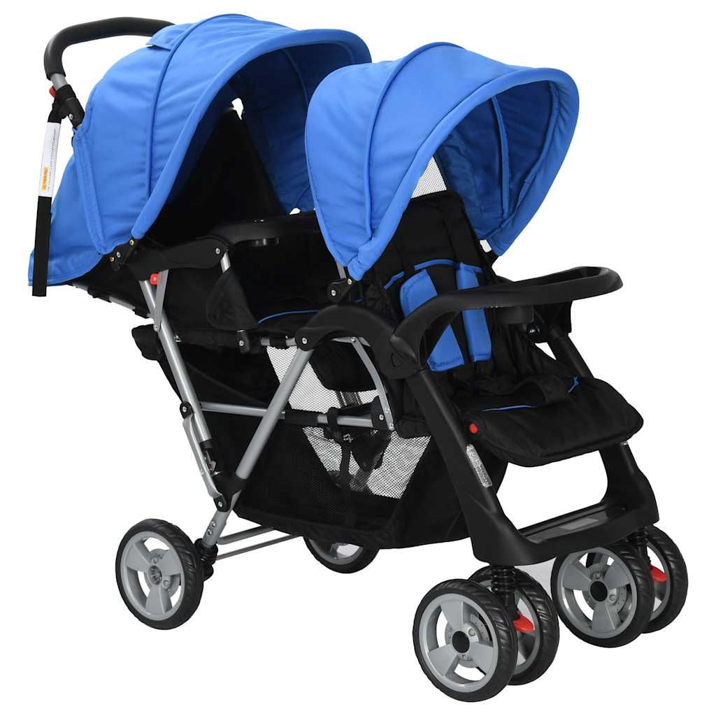 VidaXL Kinderwagen dubbel staal blauw en zwart