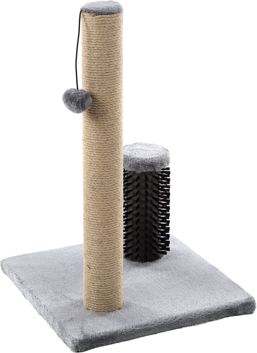 Flamingo Krabpaal – fico grijs – 39x39x60,5 cm – krabpaal met borstel speeltje – kattenmeubel met jute krabtouw pluche bekleding – compacte kattenboom voor katten van alle groottes