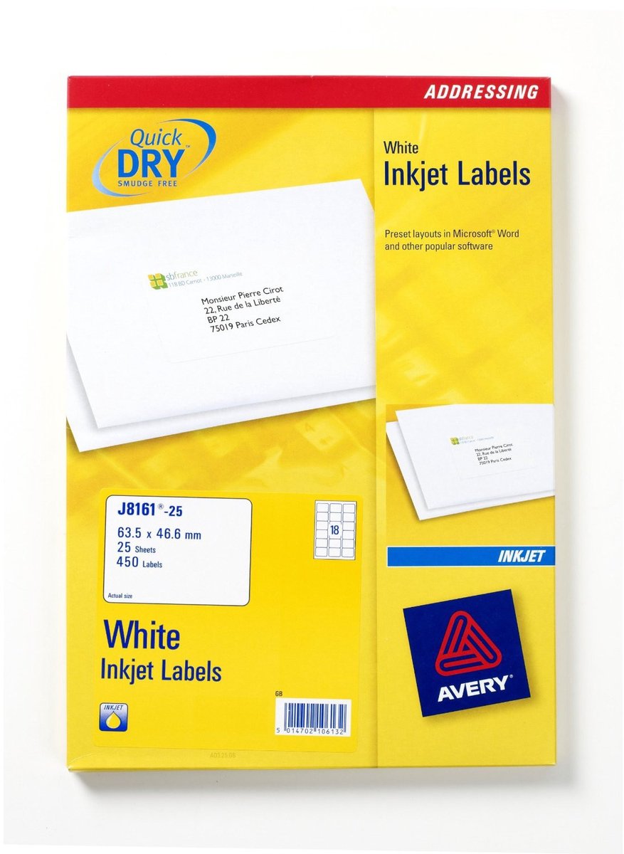 Avery Etiket j8161-25 63.5x46.6mm wit 450stuks