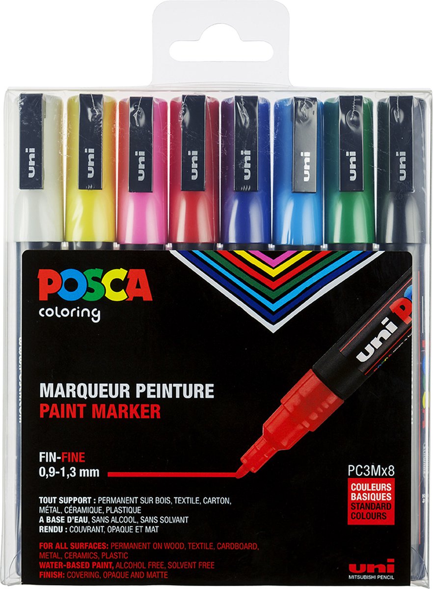 Posca Uni stiften standard colors - 8 stiften - pc3m 0.9-1.3 mm lijn