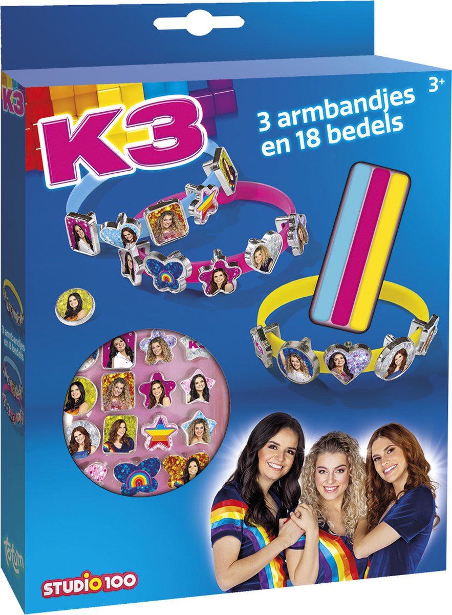 Totum K3 3 schuif armbandjes maken met 18 bedels - speelgoed meisjes vanaf 3 jaar - 21 delige set studio 100 meisjes