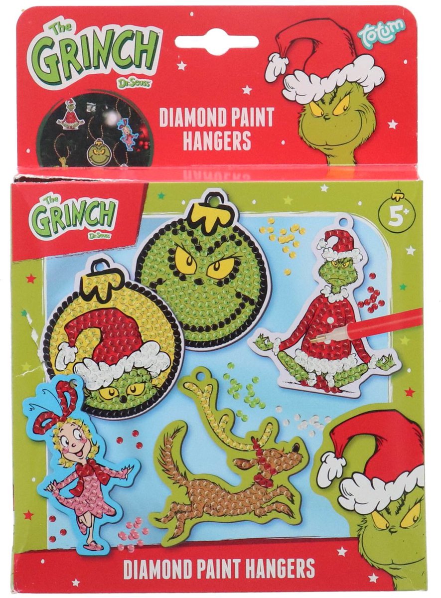 Totum The grinch - 5 diamond painting hangers maken - speelgoed jongens en meisjes vanaf 5 jaar - knutselset home deco cadeau tip