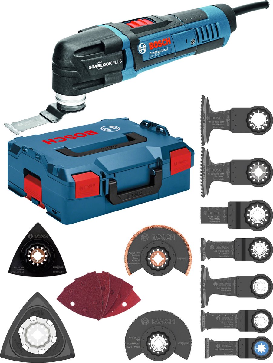 Bosch Omt gop 30-28+ac (schuurplateau avz78 rt2,segmentblad acz 85 rt3 acz 85 eb, schuurplateau avz 93 g, invalzaagblad aiz 32 apb aii 65 apb aii 65 bspb paiz 32 apb paii 65 apb aiz 32 epc, 2 x set schuurbladen (korrel 2x80 korrel 2x120 korrel 1x240) )