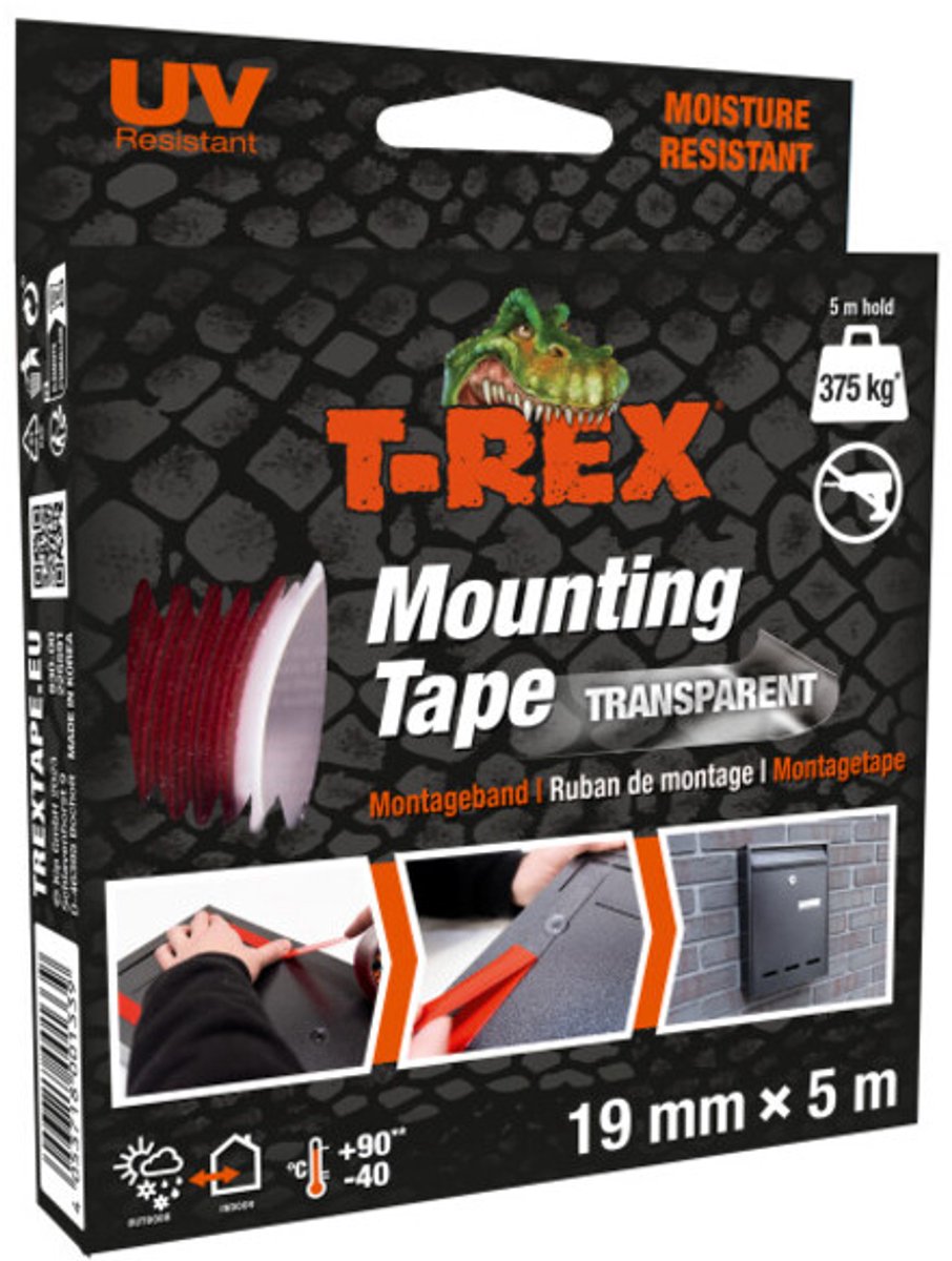 T-Rex montagetape – extra sterke dubbelzijdige tape voor montage binnen en buiten – permanente bevestiging zonder boren of schroeven – draagvermogen tot 375 kg – 19 mm x 5 m