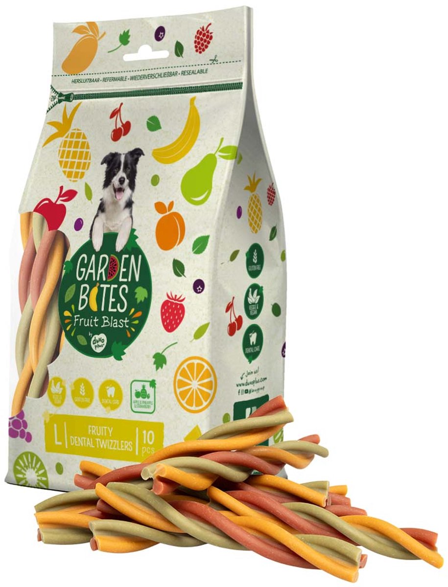 Duvo Plus garden bites - fruity dental twizzlers hondensnacks - hondensnoepjes - vegetarisch glutenvrij - large 10st