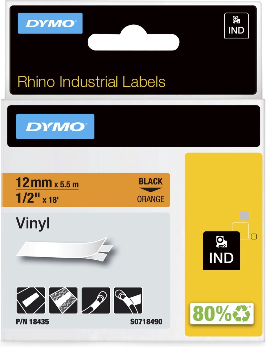 DYMO rhino industriële vinyl labels | 12 mm x 5,5 m | zwarte afdruk op oranje | zelfklevende labels voor rhino labelmanager labelprinters