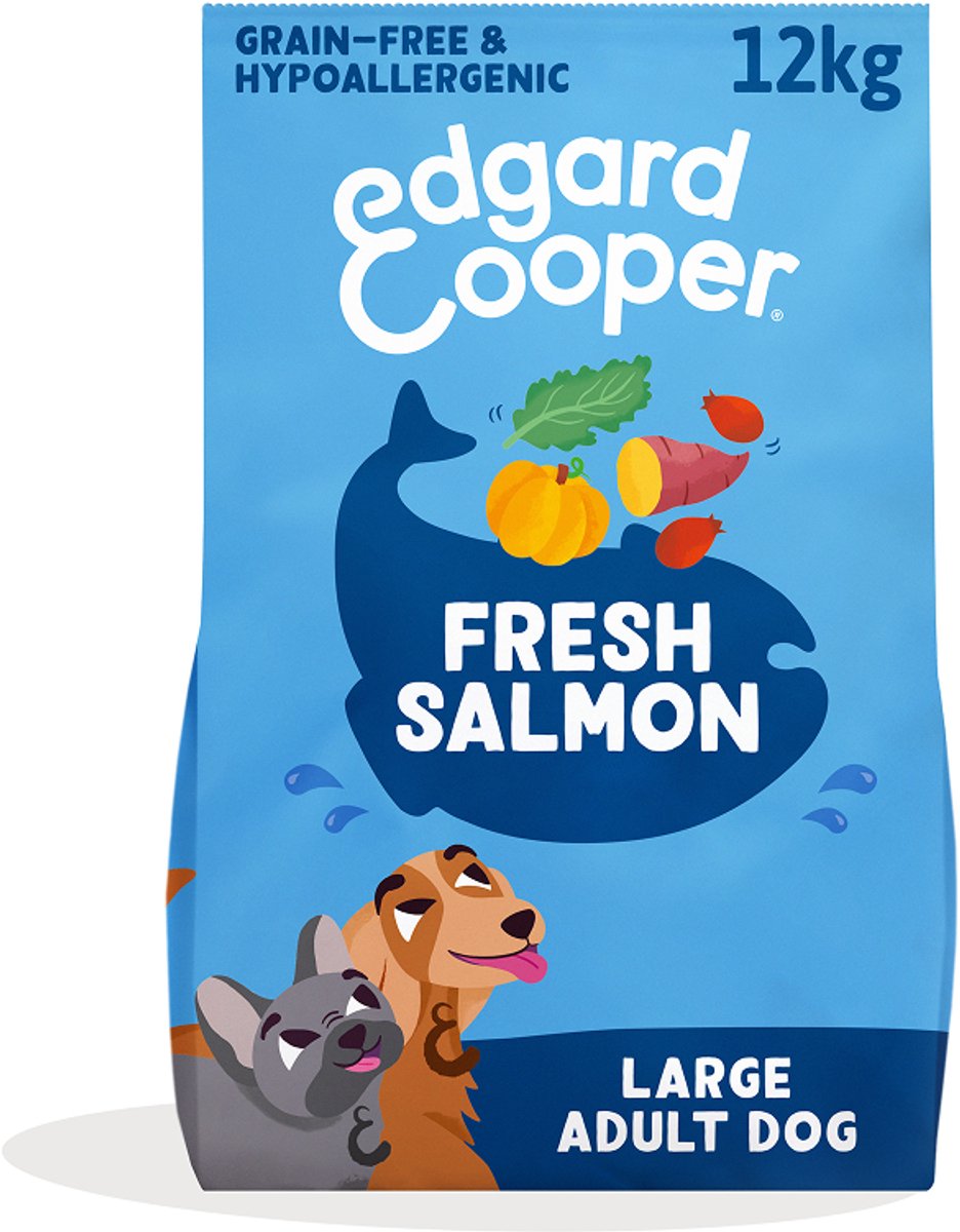 Edgard Cooper adult hondenbrokken voor grote honden, verse zalm, 12kg, hypoallergeen recept met natuurlijke ingrediënten, perfecte vezelbalans