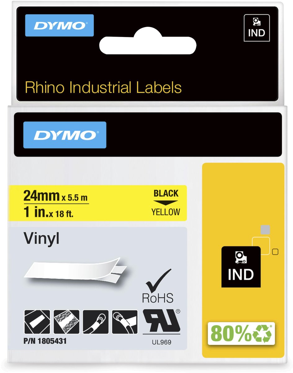 DYMO rhino industriële vinyl labels | 24 mm x 5,5 m | zwarte afdruk op geel | zelfklevende labels voor rhino labelmanager labelprinters
