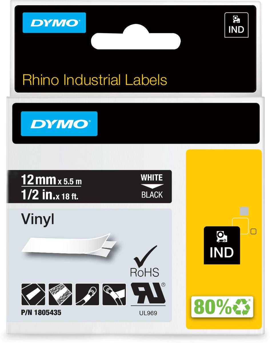 DYMO rhino industriële vinyl labels | 12 mm x 5,5 m | witte afdruk op zwart | zelfklevende labels voor rhino labelmanager labelprinters