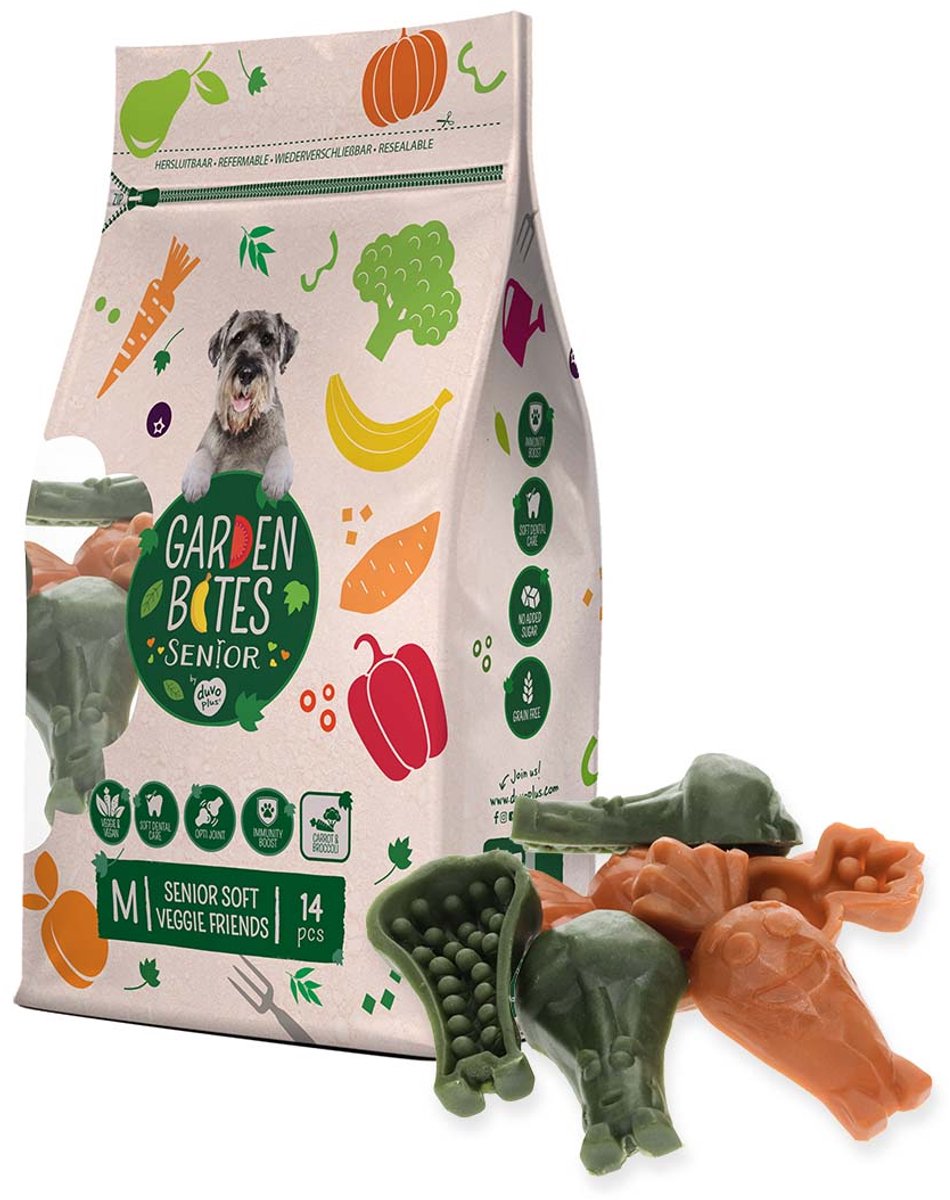 Garden Bites Duvoplus - soft veggie friends hondensnacks - hondensnoepjes - vegetarisch glutenvrij - senior medium 14st