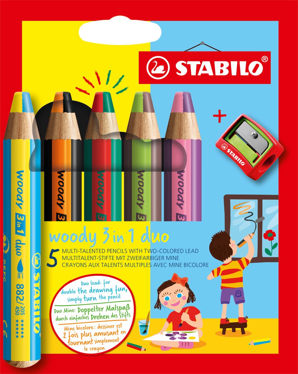 STABILO woody 3 in 1 duo - multi talent kleurpotloden - etui met 5 kleuren puntenslijper