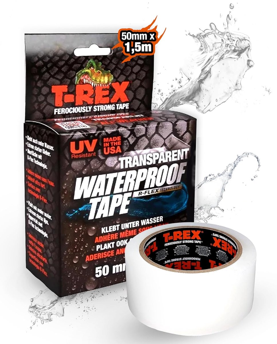 Kip T-rex – waterdichte transparante plakband 50 mm x 1,5 m – zelfklevende reparatietape voor zwembaden, buitengebruik, scheuren en lekkages – onderwaterreparatie van zwembaden – uv- en hittebestendig – flexibel en extreem sterk