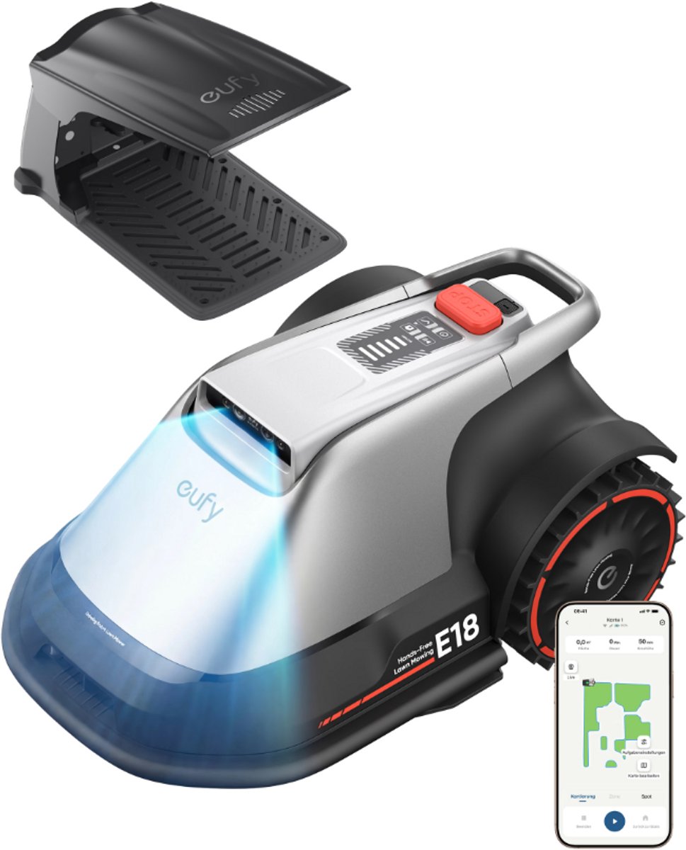 Eufy robotgrasmaaier e18 - draadloos - zonder rtk - geen signaalproblemen - 5 minuten-setup - automatische mapping tot 1200 m2 - obstakelvermijding - ride-on edge - bediening via app - met regenkap
