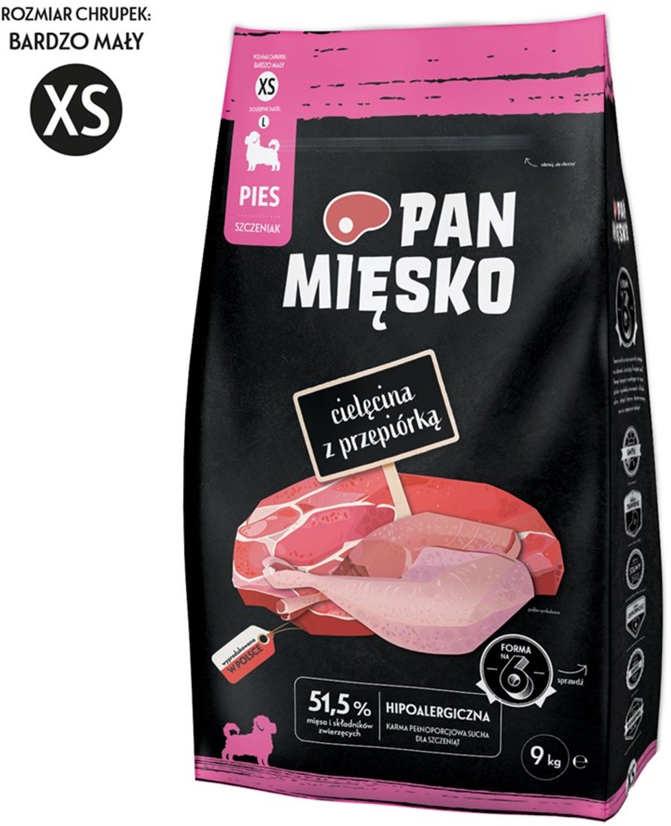 PAN MIĘSKO - droge hondenvoeding - kalf kwartel - voor puppy’s xs - hoog eiwitgehalte - gezonde groei spijsvertering