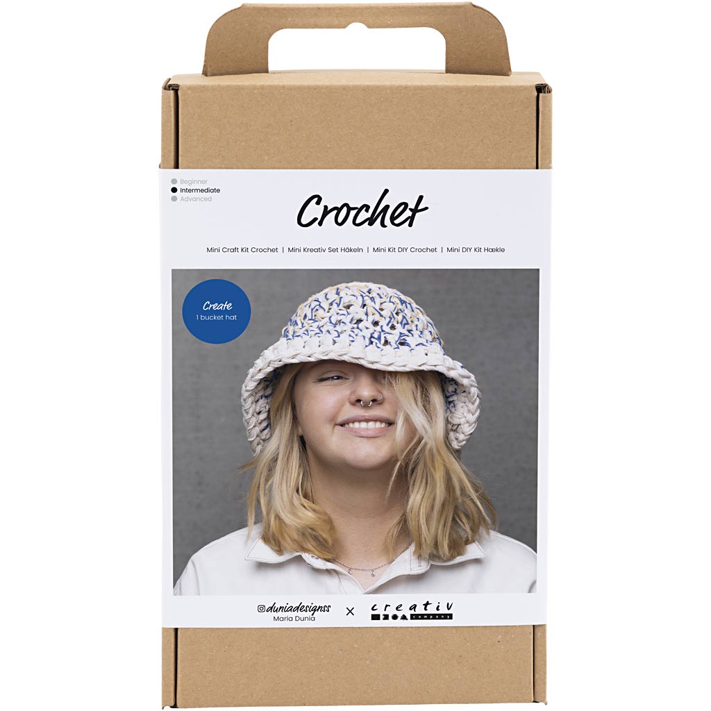 Creativ Company Https: www.cchobby.nl hobbyset-haken-grote-zonnehoed-blauw-licht-naturel-geel-1-doos