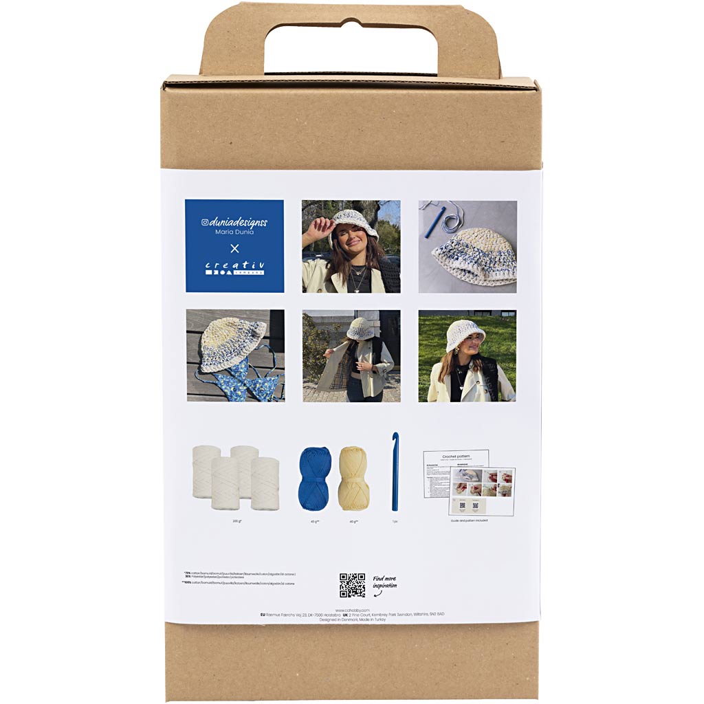 Creativ Company Https: www.cchobby.nl hobbyset-haken-grote-zonnehoed-blauw-licht-naturel-geel-1-doos