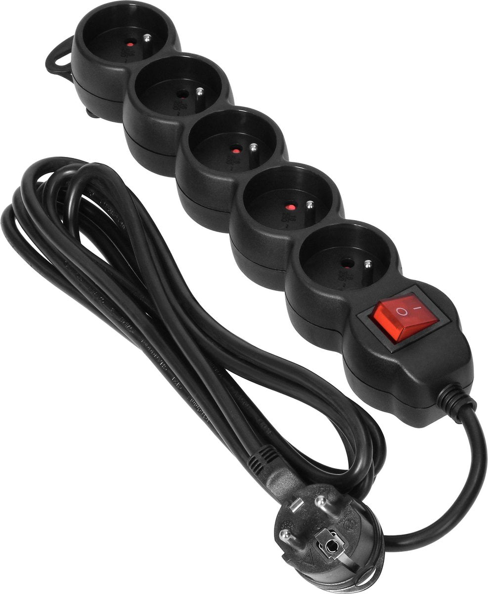 Orno® Stekkerdoos - verlengsnoer -verlengkabel - met randaarde - 5 stopcontacten - 5 x 2p+e met schakelaar - 3 meter - h05vv-f 1x1,5mm2, imax=16a, zwart max 3680 watt- voor belgië
