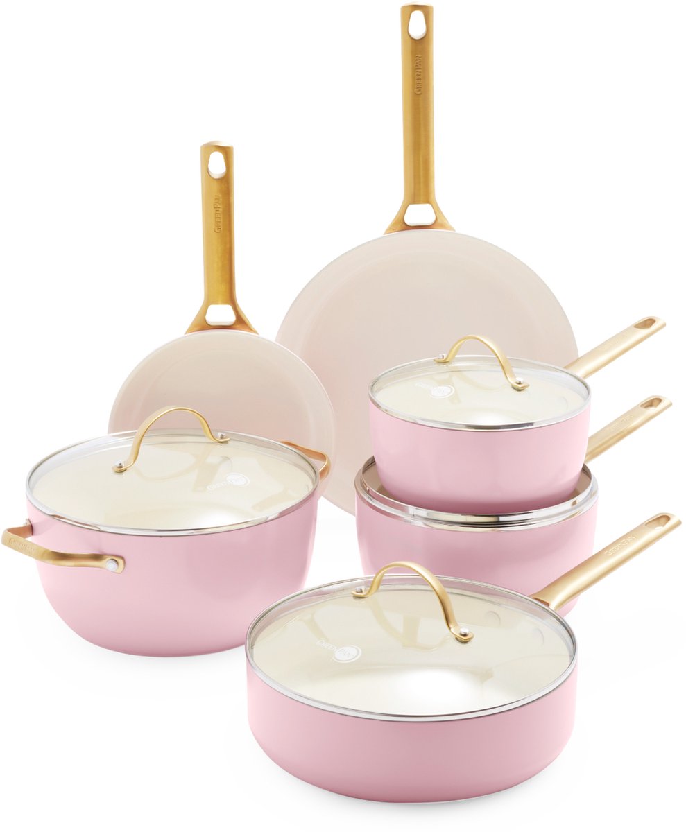 GreenPan padova aluminium pannenset 10-delig - ø18cm-28cm - pfas-vrij - inductie - ovenbestendig tot 200 graden - gouden rvs handgrepen - roze - incl deksels