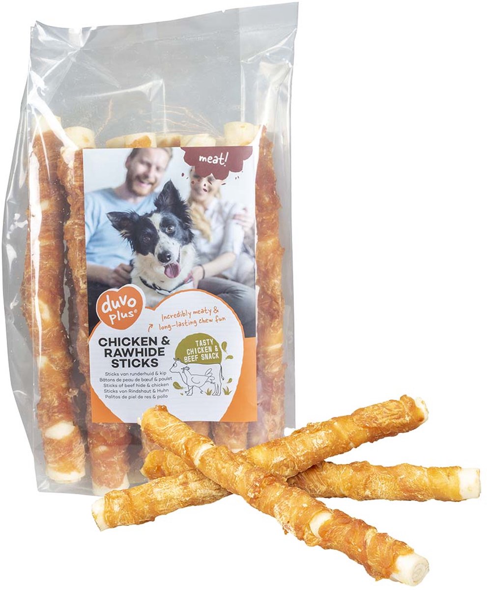 Duvo Plus meat! snack kip runderhuid sticks voor honden l-25cm-1kg