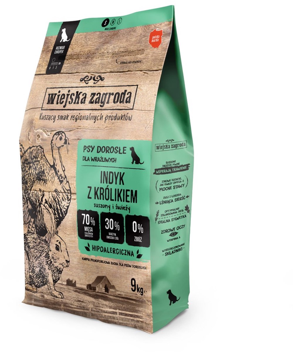 WIEJSKA ZAGRODA - natvoer voor honden - kalkoen konijn - compleet natuurlijk - ondersteunt spijsvertering - graanvrij - 9 kg