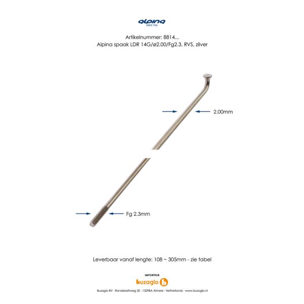 Alpina Spaken 296-14 ø2.00mm fg 2.3 - rvs zilver (144 stuks)
