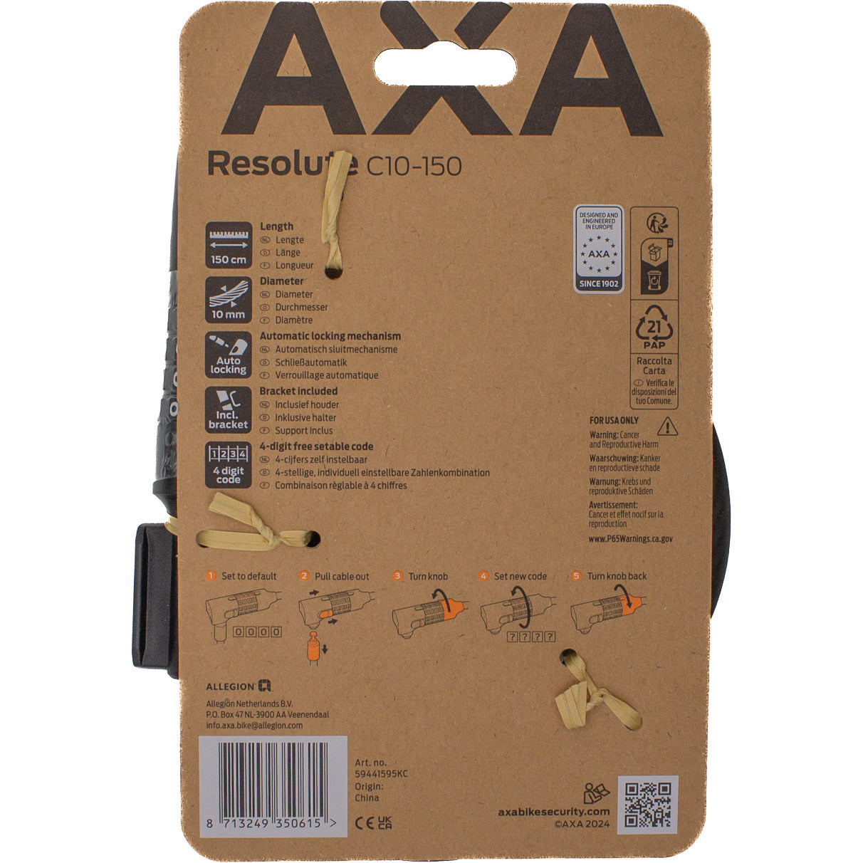 Axa Kabelslot resolute c10 150 code (kaart)