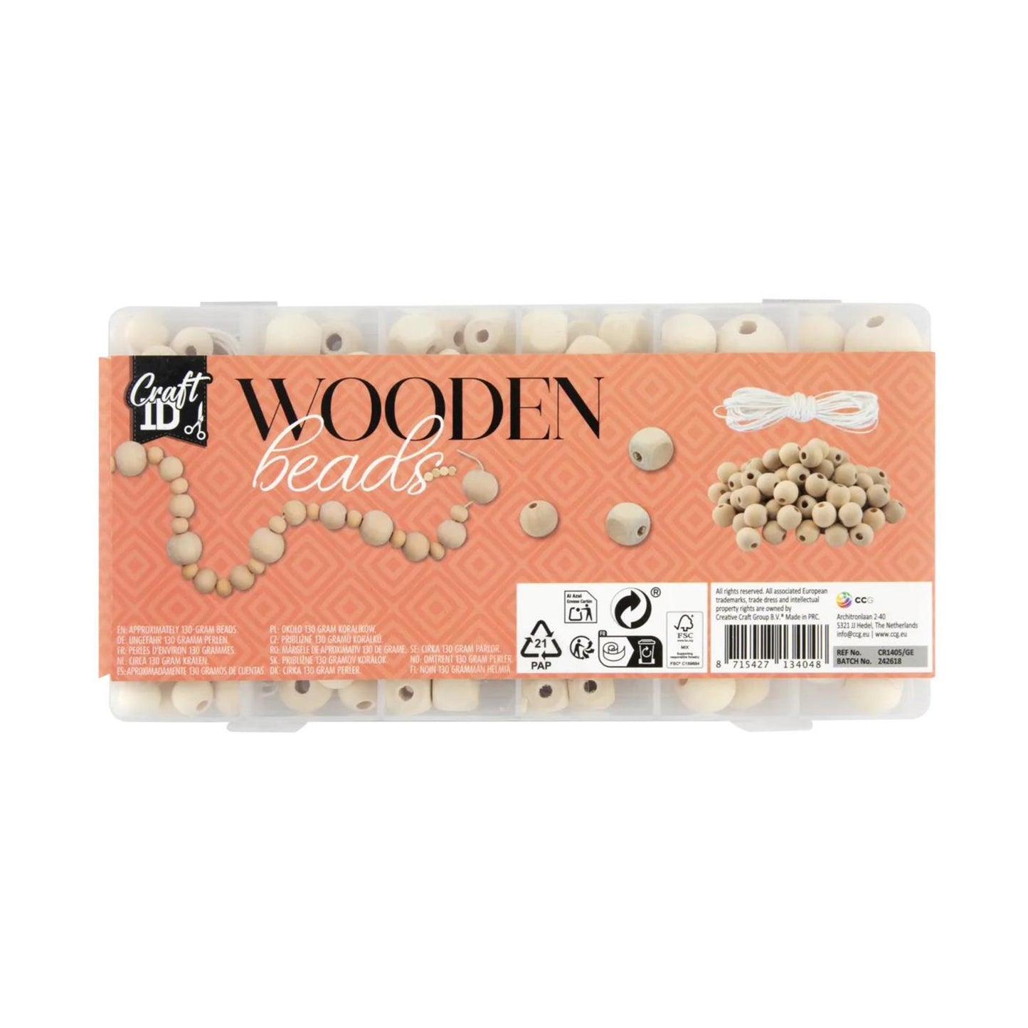 Craft ID Houten kralenset met koord, 130 gram