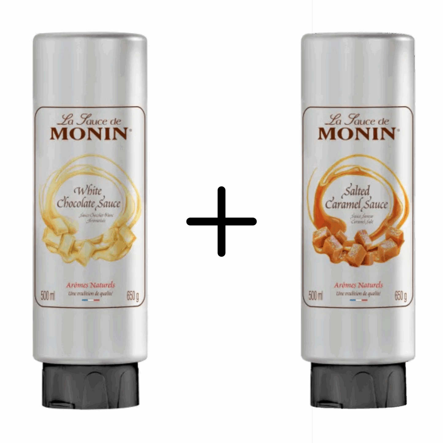 Monin Topping witte chocolade + topping salted caramel