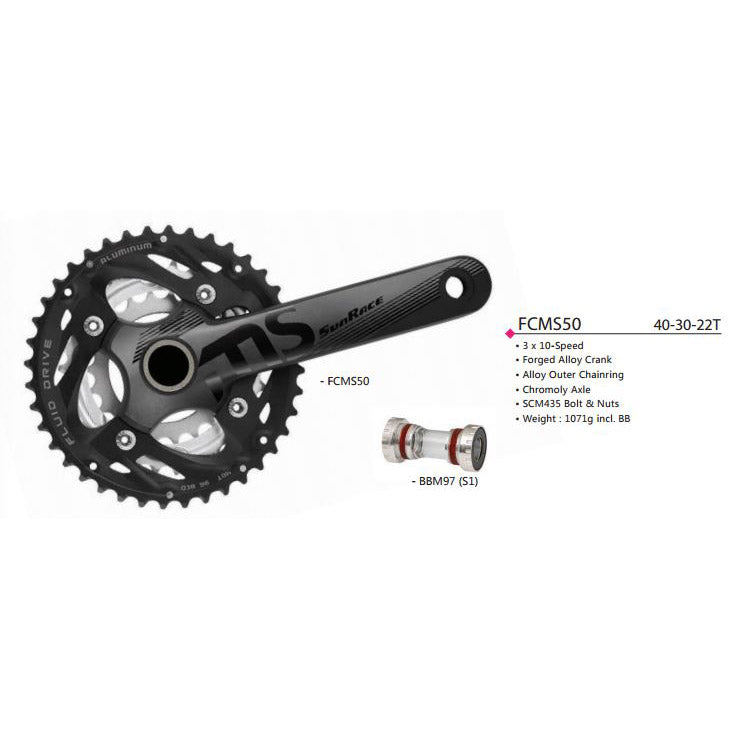 Sturmey-Archer Europa N.V. Sunrace crankstel fcms50 10v 40 30 22 175mm +bb-set