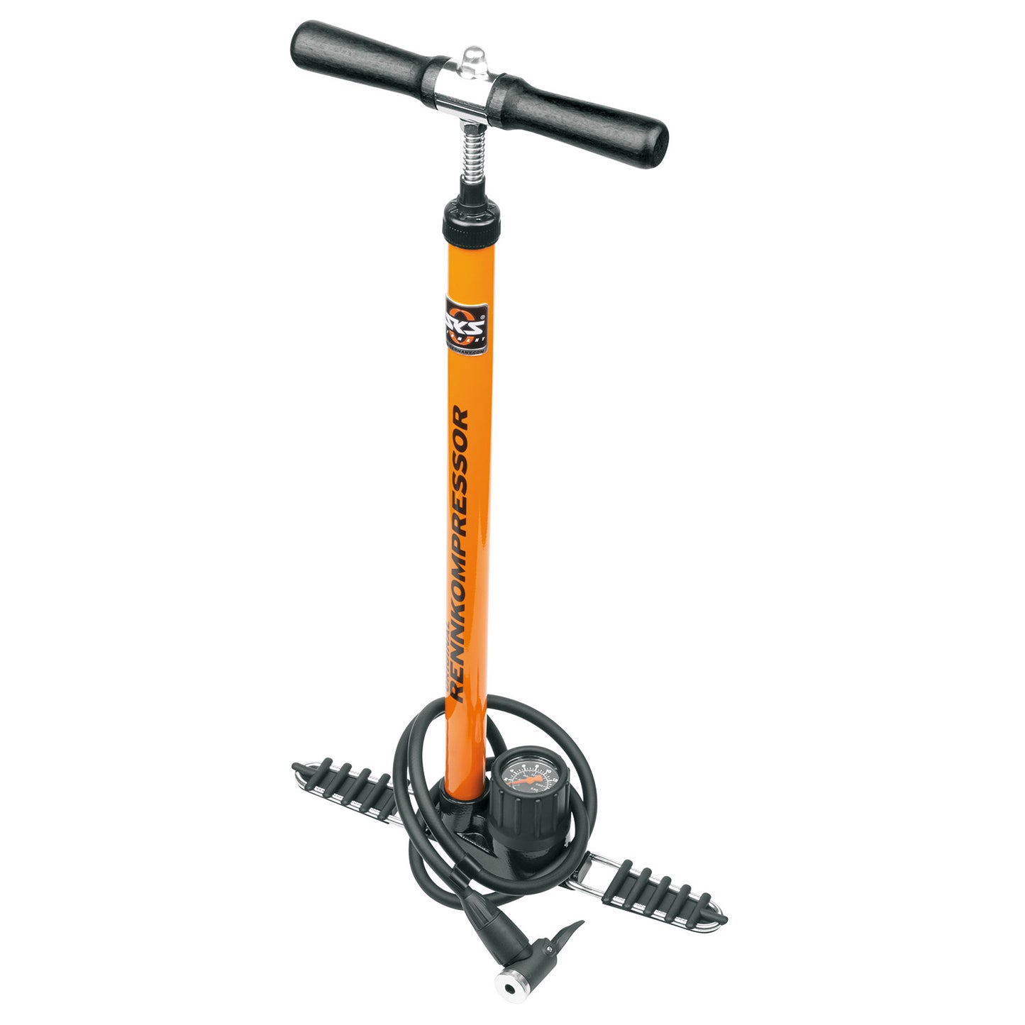 SKS vloerpomp rennkompressor multivalve 16bar zw oranje