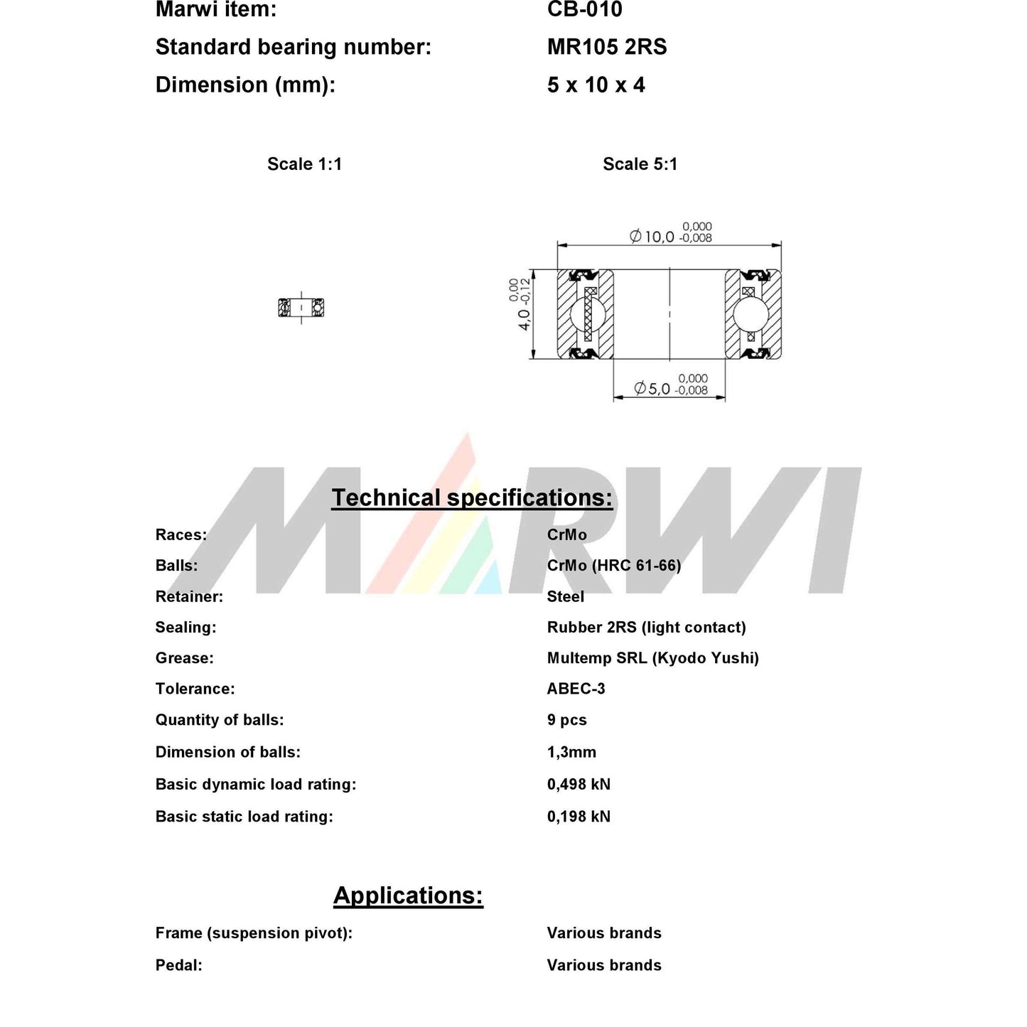 Marwi Union kogellager cb-010 mr105 2rs 5x10x4