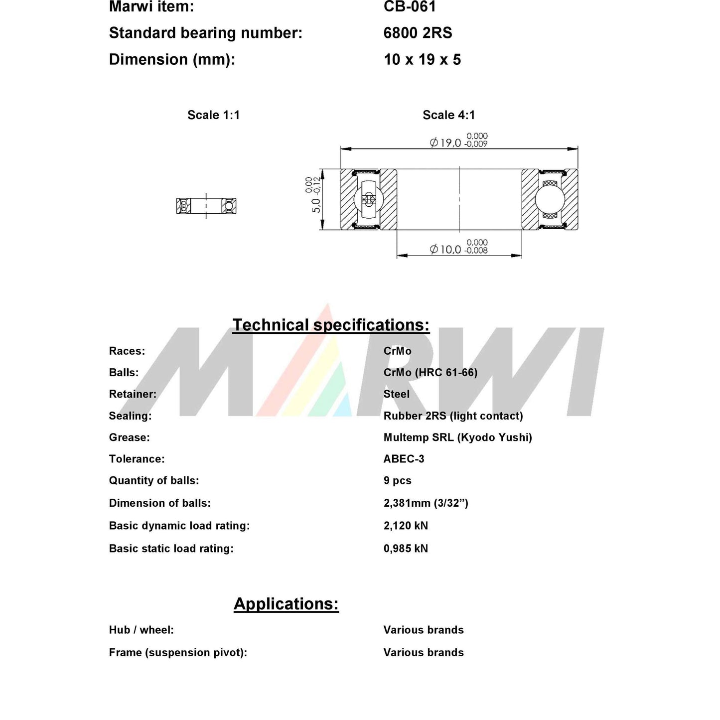UNION kugellager ball bearing cb-061 10x19x5