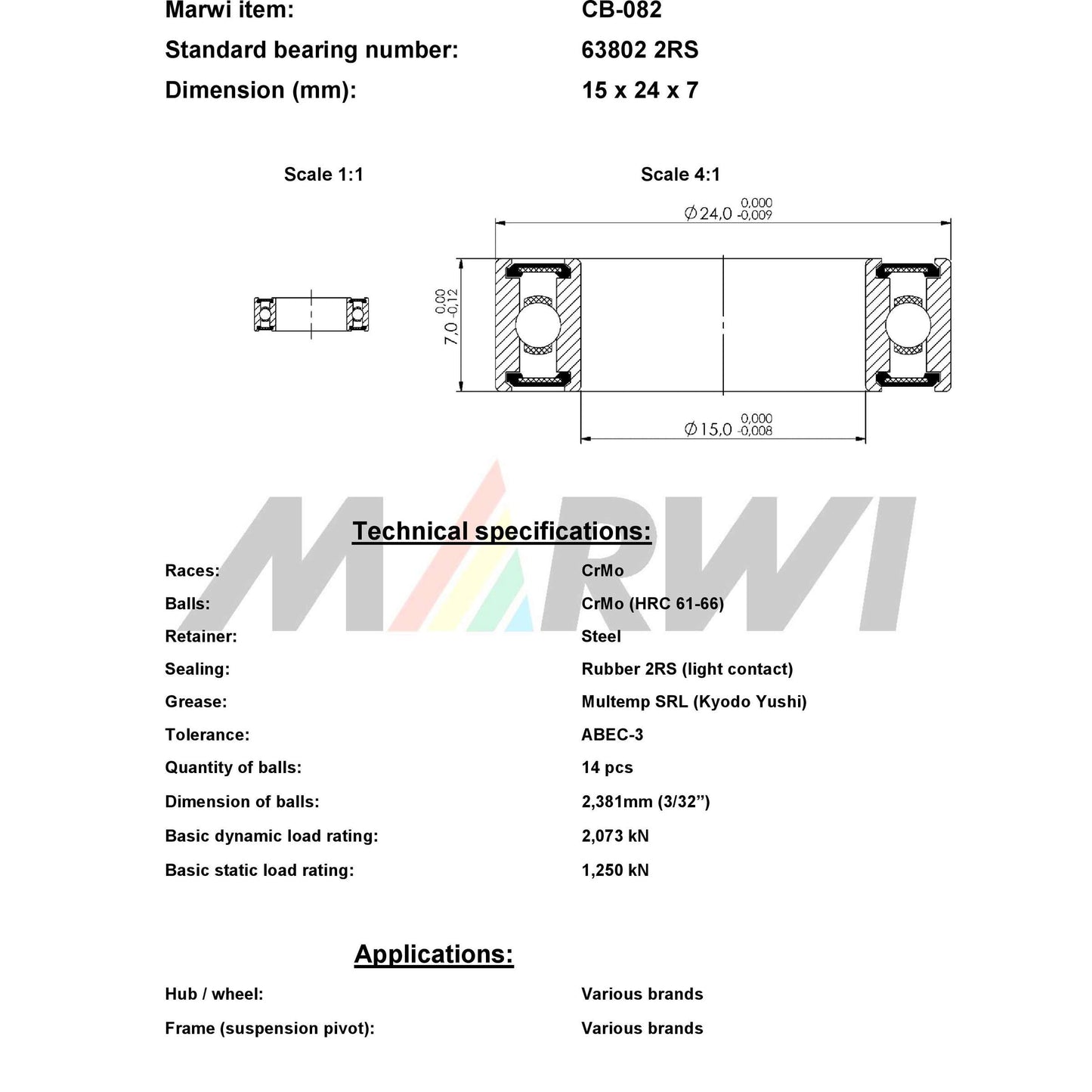 UNION kugellager ball bearing cb-082 15x24x7
