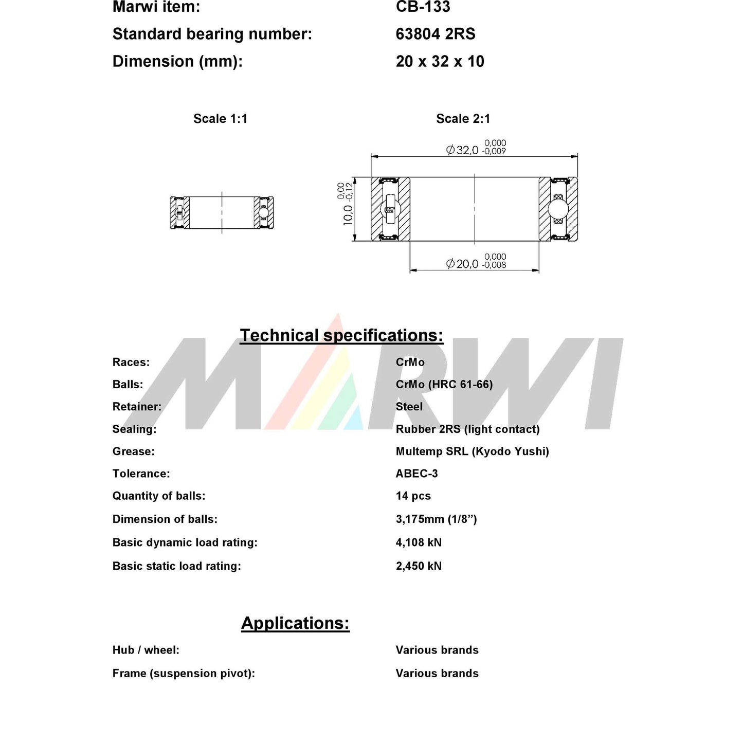 UNION kugellager ball bearing cb-133 20x32x10